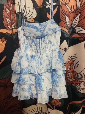 Blue & White Floral Tiered Spaghetti-Strap Dress